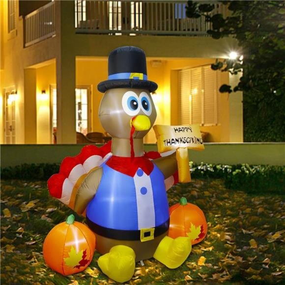6 FT Thanksgiving Inflatable Turkey,Blow up Lighted Turkey  Thanksgiving Day Inflatable Turkey with Happy Thanksgiving Day,6 FT Lighted